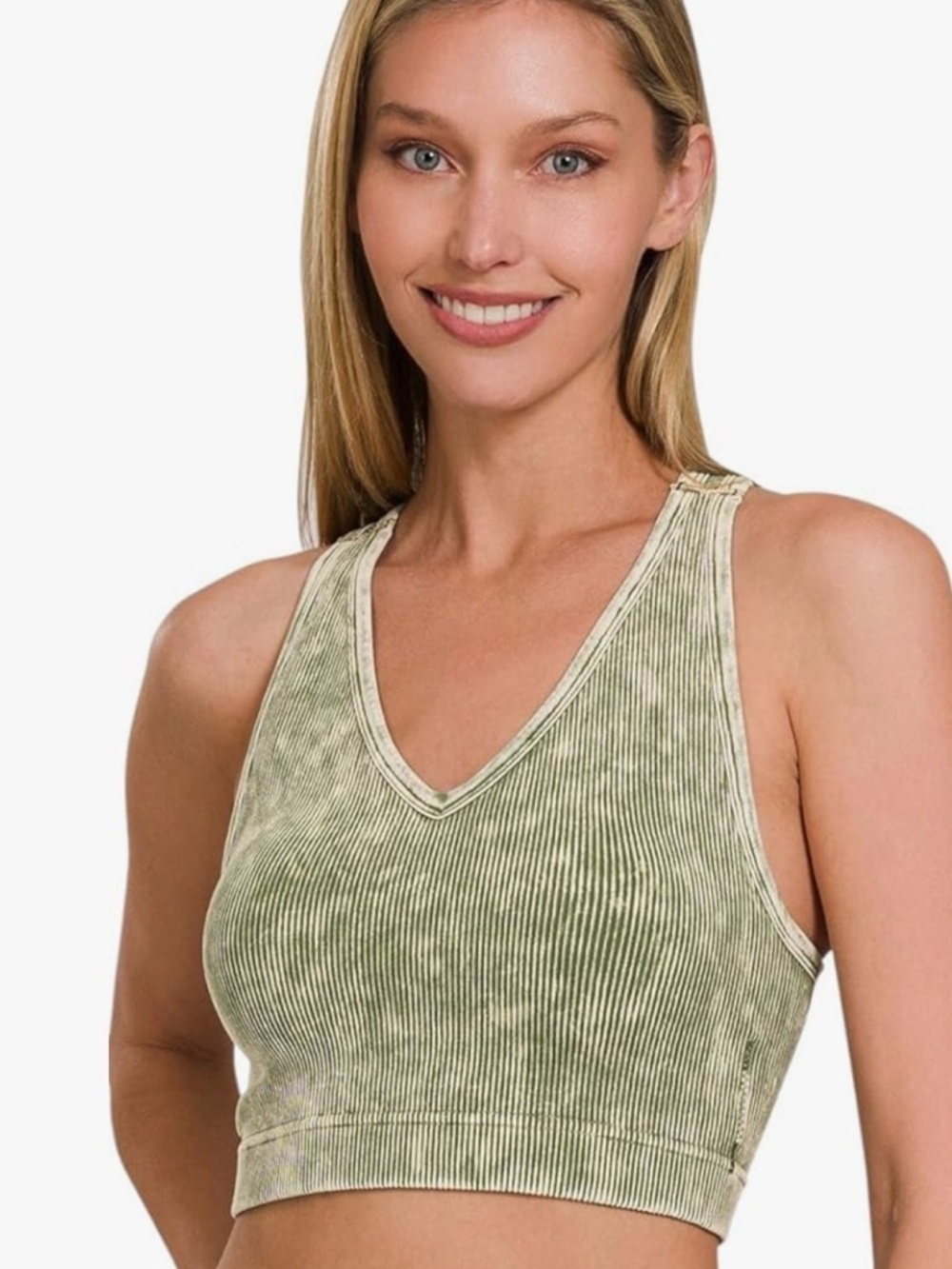 Zenana Trista Washed Ribbed Seamless V-Neck Racerback Padded Bra Ash Olive S/M
